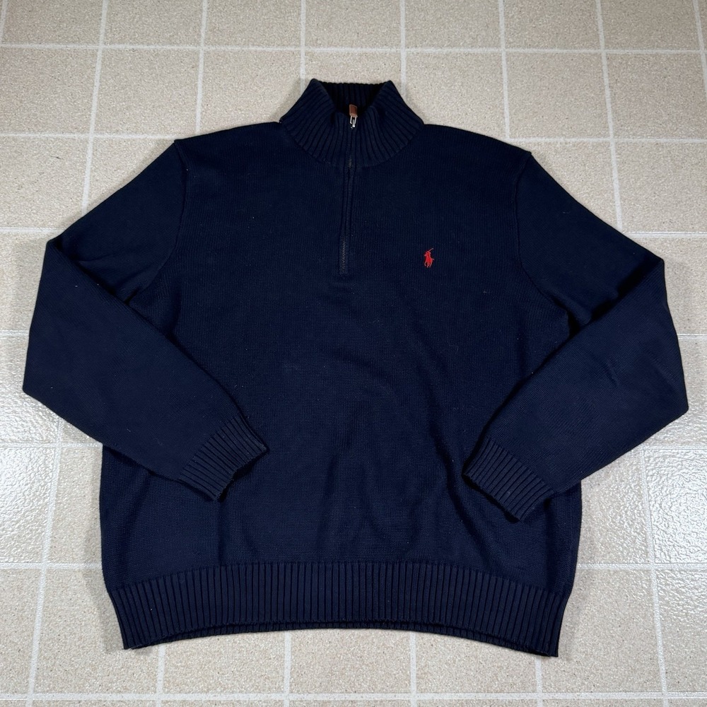 Vintage Polo Ralph Lauren Sweater Men XL Blue 1/4 Zip Pullover Knit Heavyweight